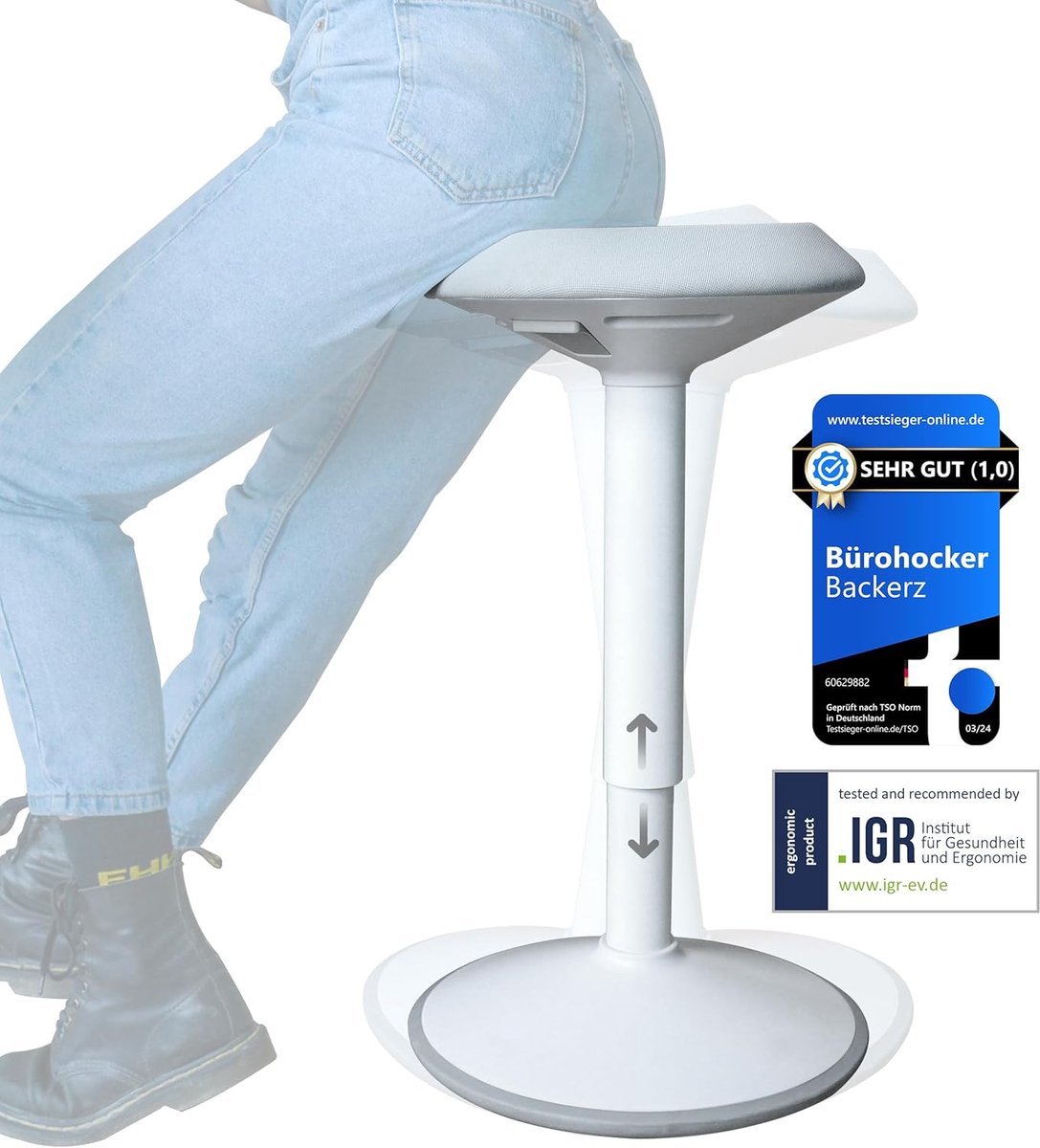 Backerz Wiebelkruk - Ergonomische Wiebel Stoel hoogte 40-60cm - Balanskruk - Zit Sta kruk - Zadelkruk Wit van Backerz