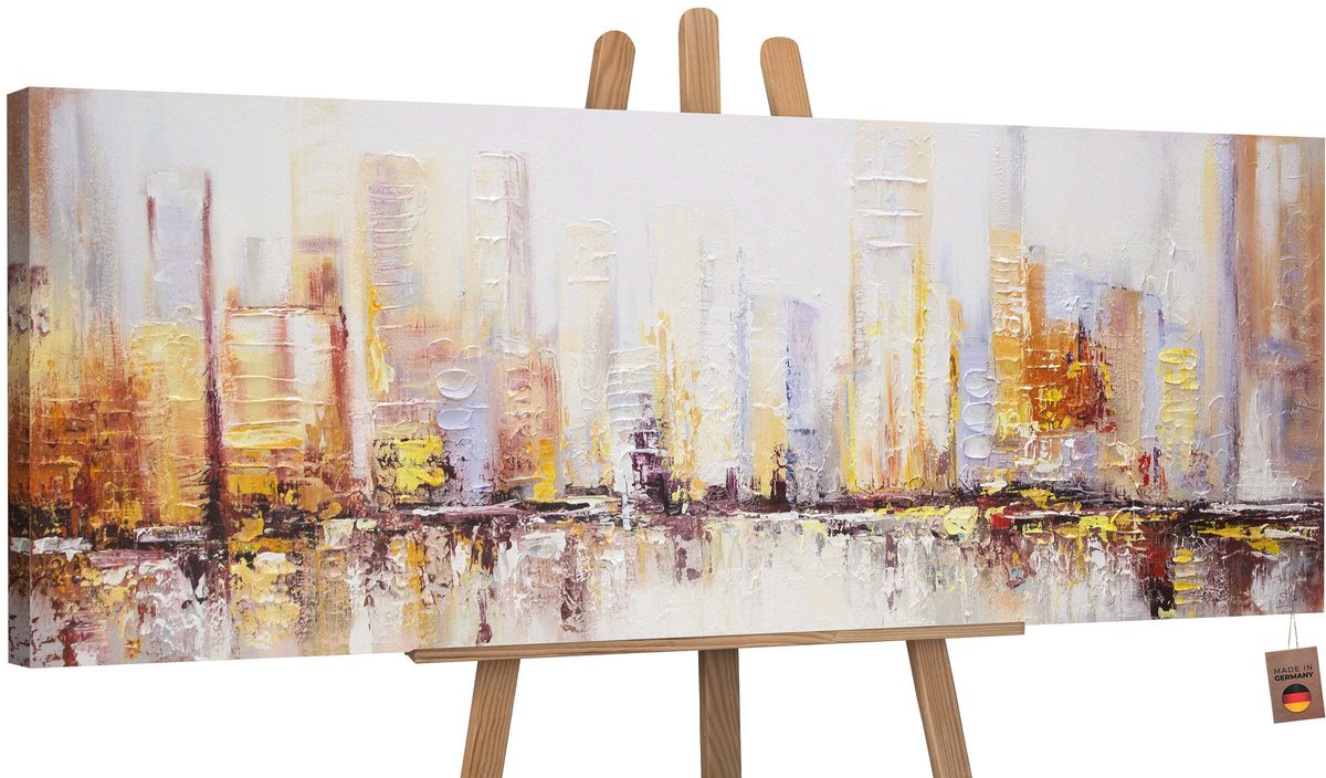 Canvas schilderij panoramisch handgeschilderd ochtend in de stad stedelijk – YS-Art Gallery – Luxe wanddecoratie voor woonkamer – Modern schilderij voor kantoor en hal without floater frame