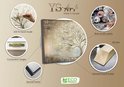 Informatieve afbeelding van een handgeschilderd gouden boom schilderij met details over materialen en montage.