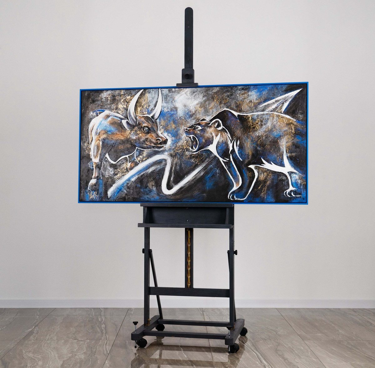 Canvas schilderij 140x70 cm handgeschilderd beurs financieel abstract – YS-Art Gallery – Dynamische wanddecoratie voor woonkamer – Modern schilderij voor kantoor en hal blauw
