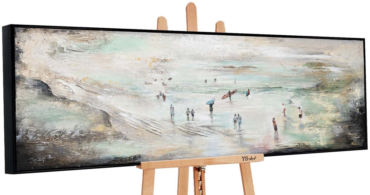YS Canvas schilderij panoramisch handgeschilderd surfen golven zee – YS-Art Gallery – Avontuurlijke wanddecoratie voor woonkamer – Modern schilderij voor hal en kantoor Black
