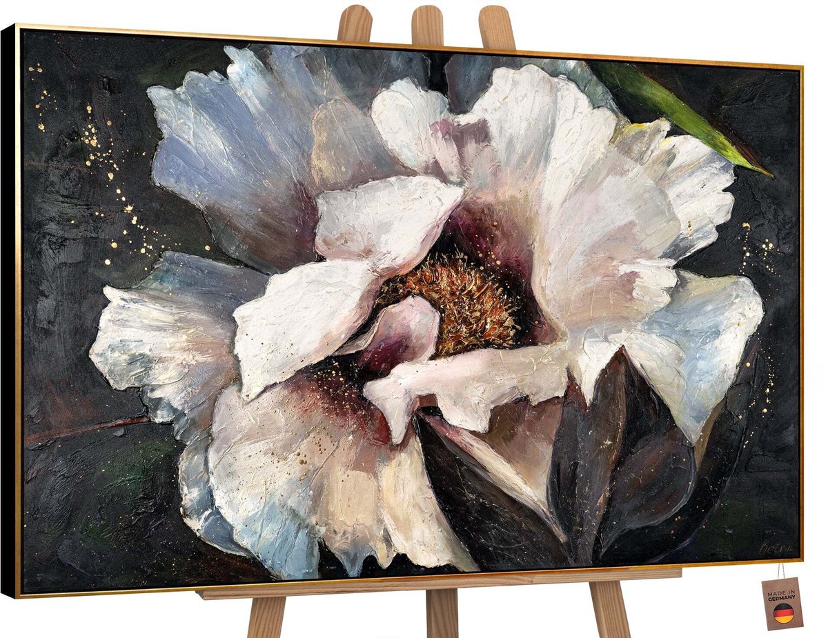 YS Canvas schilderij landschapsformaat handgeschilderd pioenen II bloemen luxe – YS-Art Gallery – Luxe wanddecoratie voor woonkamer – Modern schilderij voor slaapkamer en hal Black-Gold