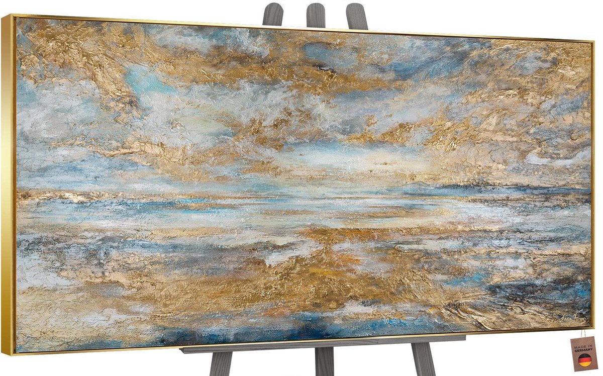 YS Canvas schilderij groot handgeschilderd gouden baai maritiem warm – YS-Art Gallery – Sfeervol wanddecoratie voor woonkamer – Modern schilderij voor slaapkamer en hal Gold