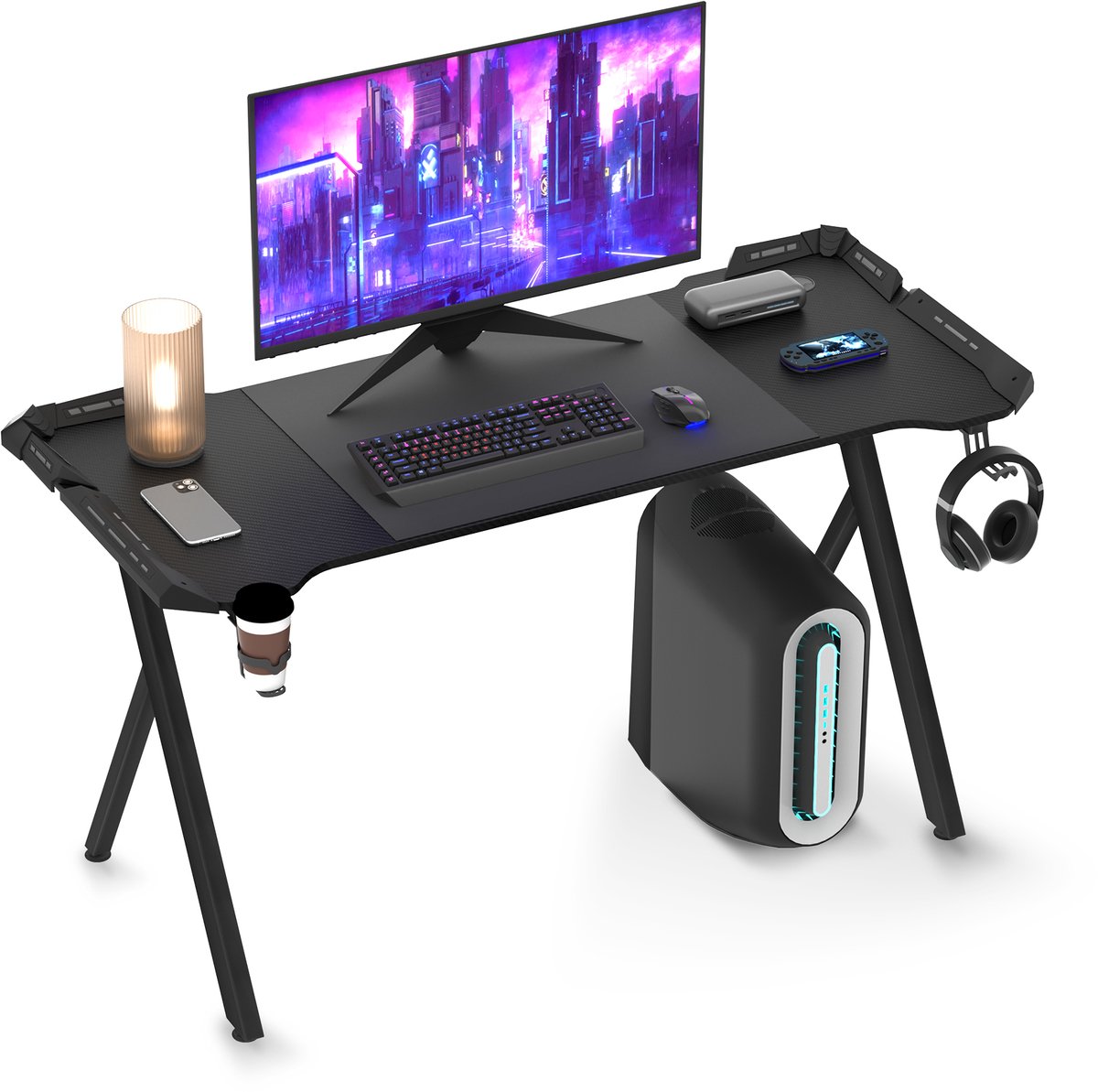 Aufun gaming desk bureau – 140x60 cm – Y-frame – met koptelefoonhaak en koolstofvezelcoating – zwart
