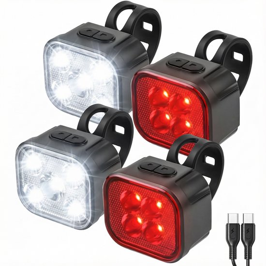 Inlustro 4x Fietslampjes - LED Achterlicht en Voorlicht - Fietslamp Rood en Wit Set - Fietslicht Koplamp - IPX4 Waterdicht - USB Oplaadbaar
