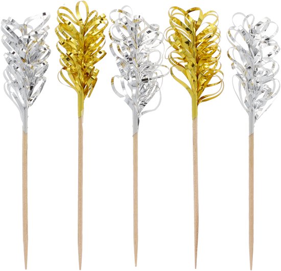 Vijf decoratieprikkers met zilveren en gouden lametta