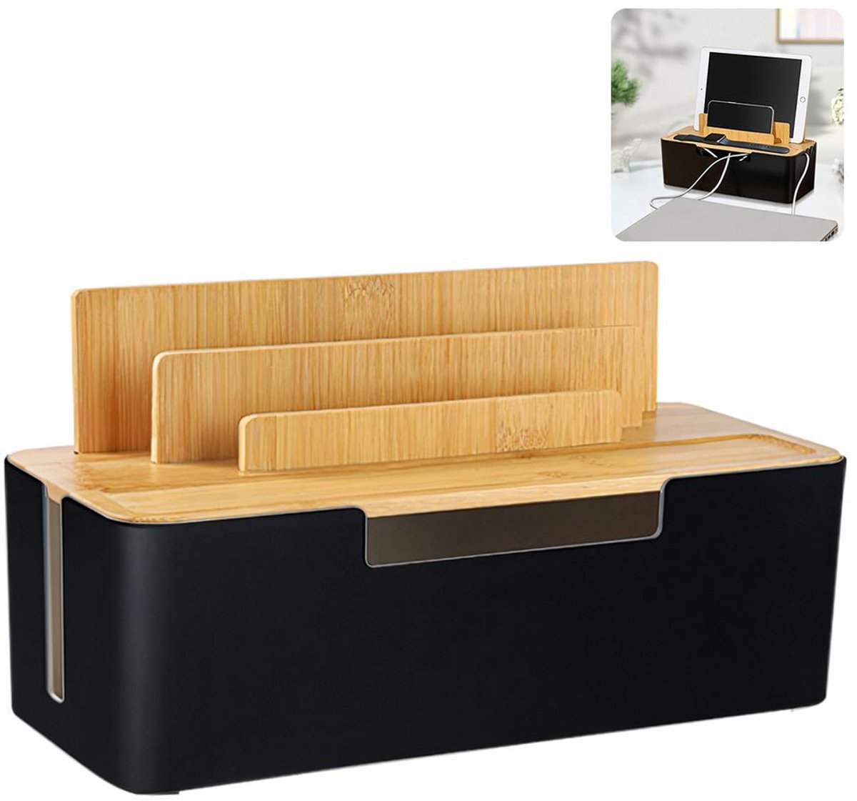 Kabelopbergdoos met bamboebekleding, kabelorganizer, bureau-stroomadapter, geschikt voor mobiele telefoons, tablets en andere apparaten, zwart.