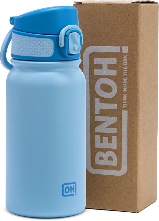 BentOH! RVS Waterfles 350ml Kinderen & Volwassenen - Blauw - Anti-overloop & Lekvrij – Met Eén Hand te Openen – BPA-vrij & Vaatwasserbestendig