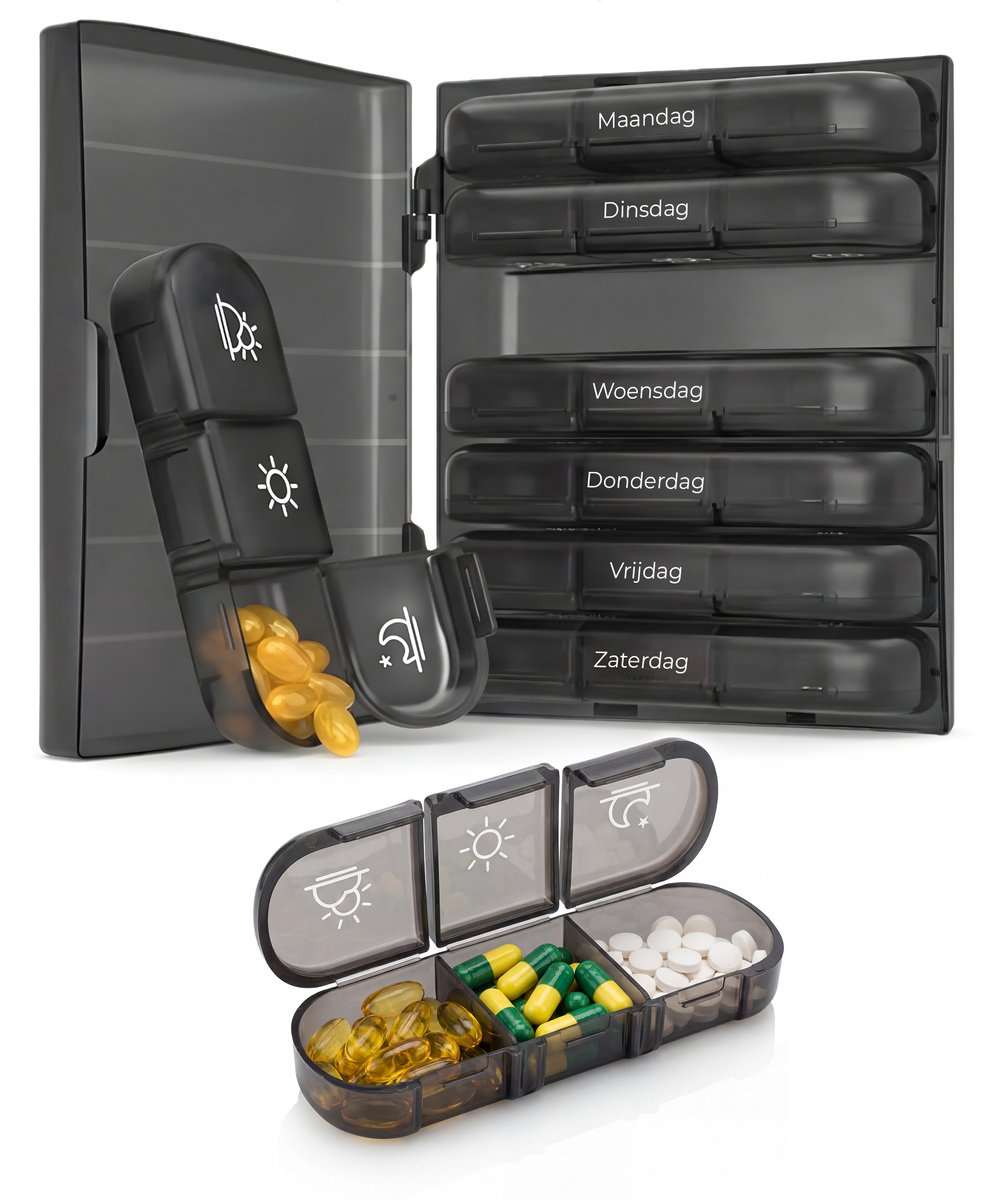 Casa Goods® - Pillendoosjes 7 dagen 3 vakken per dag - Medicijndoosje 7 dagen - Medicatiedoosje - zwart - Nederlandse tekst