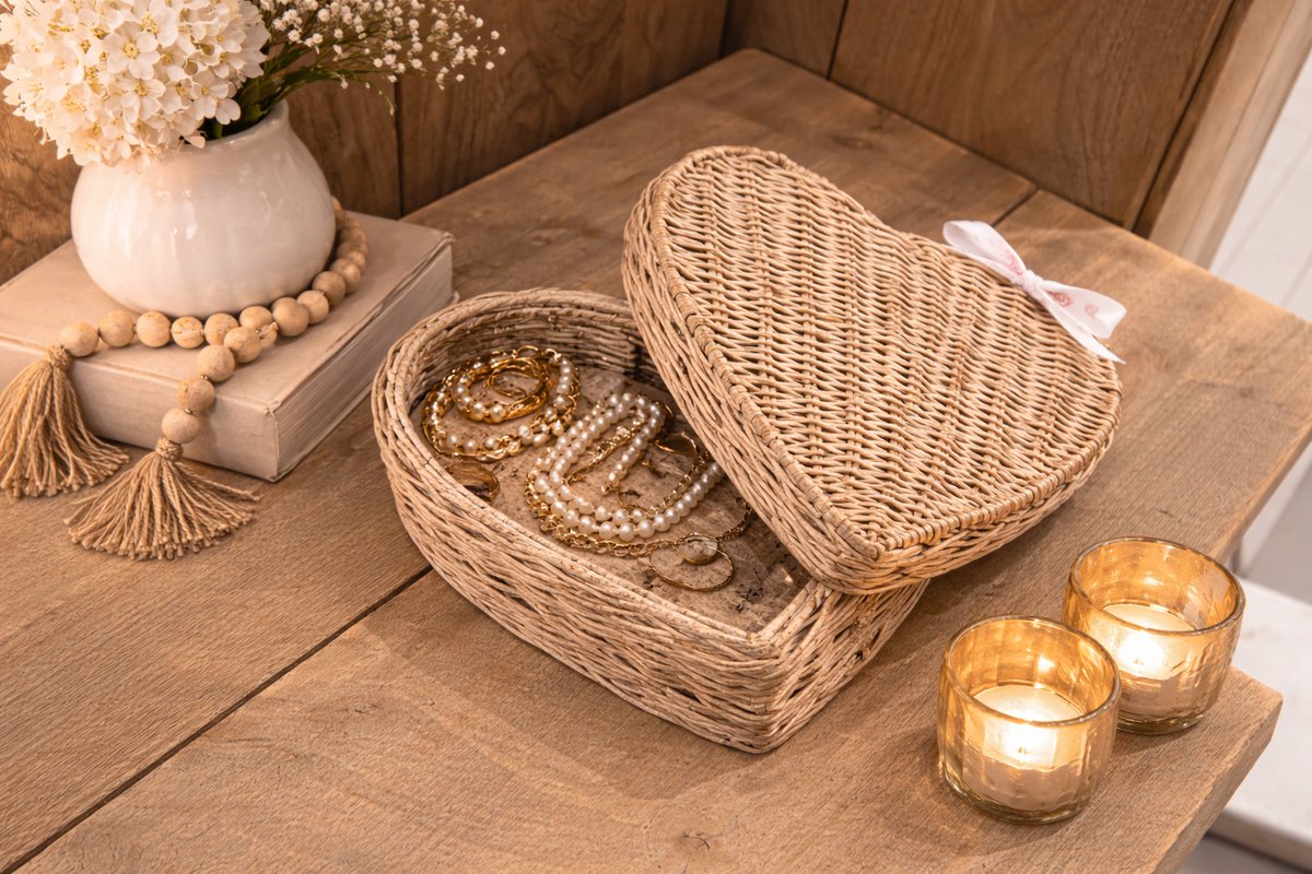 Rieten Hartjes Trommel - SRIMIT Grey - 26×23×10 cm - Handgemaakt Opbergdoosje - Decoratieve Hartvormige Mand - Decoshoppen.nl
