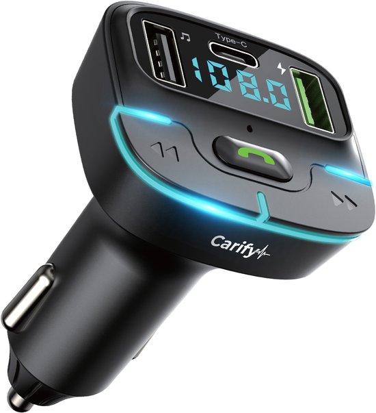Zwarte FM Transmitter met blauwe LED-verlichting en digitale display.