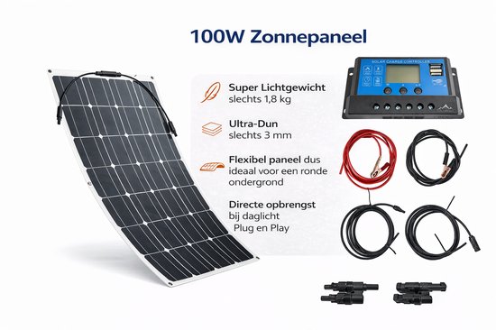 Flexibel Zonnepaneel Camper Compleet Pakket 100W 12V - UltraDun 3MM - Lichtgewicht- Plug Play - Zonnepaneel voor Camper - Zonnepaneel voor Caravan - Zonnepaneel voor Boot - Zonnepaneel voor Tuinhuis van Flex — afbeelding 2