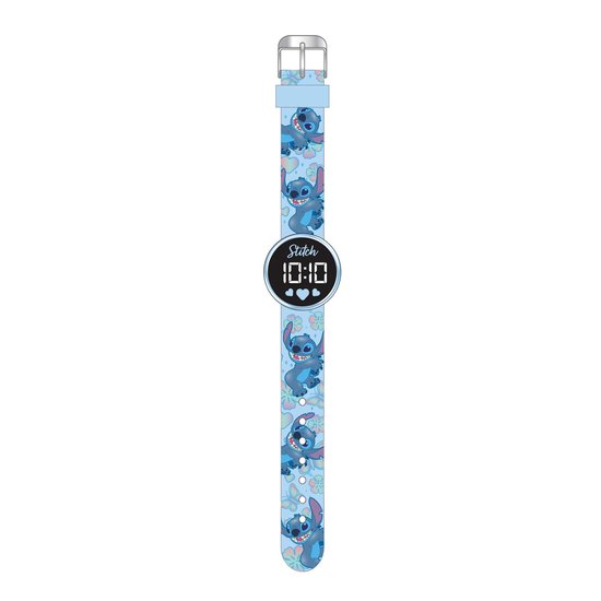Disney Stitch LED horloge met lichtblauwe band en herhalende Stitch-opdruk.