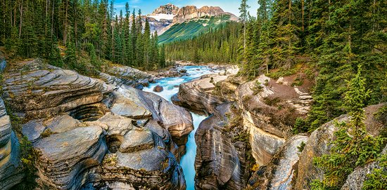 Mistaya Canyon in Banff National Park, Canada, met een stromende rivier en omringd door bomen en bergen.