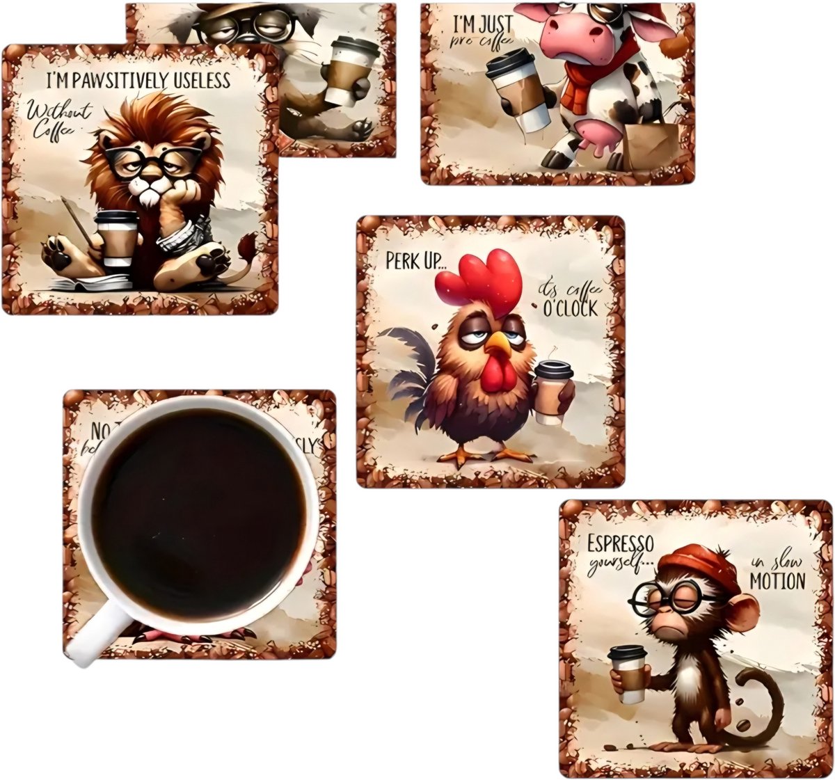 Onderzetters Grappige Dieren met teksten - 6 stuks - Set van 6 - Onderzetters - Coasters - Houten onderzetters - Onderzetters voor glazen - Onderleggers voor glazen of Kopjes - Grappige teksten - Verjaardagscadeau - Moederdag - Vaderdag - Fun Cadeau — cadeau in Wonen & Interieur - foto 2
