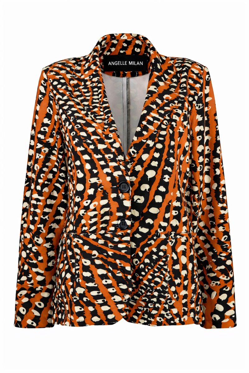 Angelle Milan - Oranje-Zwarte print blazer voor Dames - Travelstof - Comfort - Strijkvrij - Duurzaam - Maat S - In 5 maten!