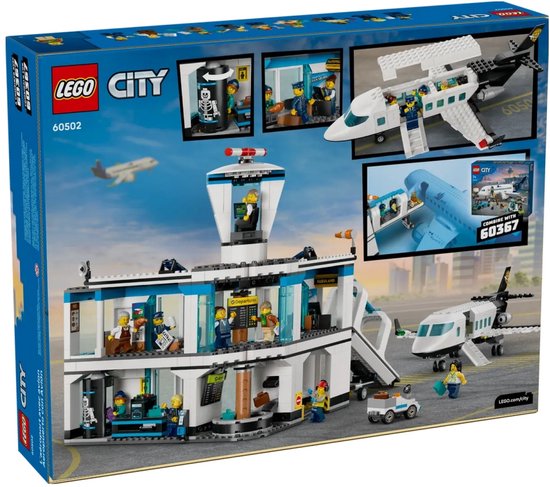 Achterkant van de LEGO City Luchthaven met Vliegtuig (60502) doos met diverse afbeeldingen.