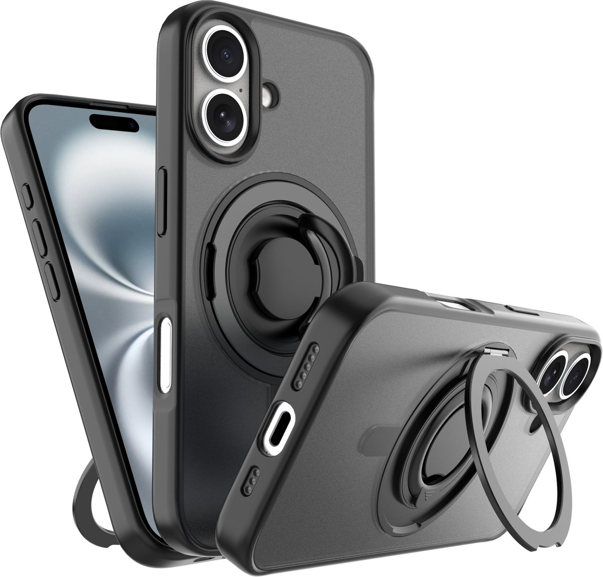 Hoesje Geschikt voor iPhone 16 - Anti-Val Technologie - Geschikt voor MagSafe - 360 Graden Draaibare Telefoonhouder standaard - Zwart