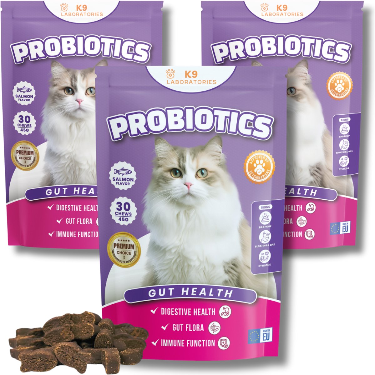 Probiotica Kat - 100% natuurlijk Voedingssupplement voor katten - Kattensnoepjes - Weerstand en imuunysysteem - Opgeblazenheid, winderigheid, diarree, constipatie kat - 90 stuks