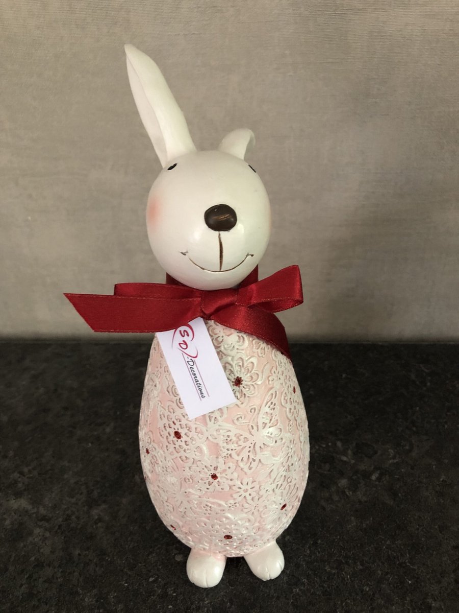 Konijn Pinkie met Strik- Keramiek - Wit/Rood