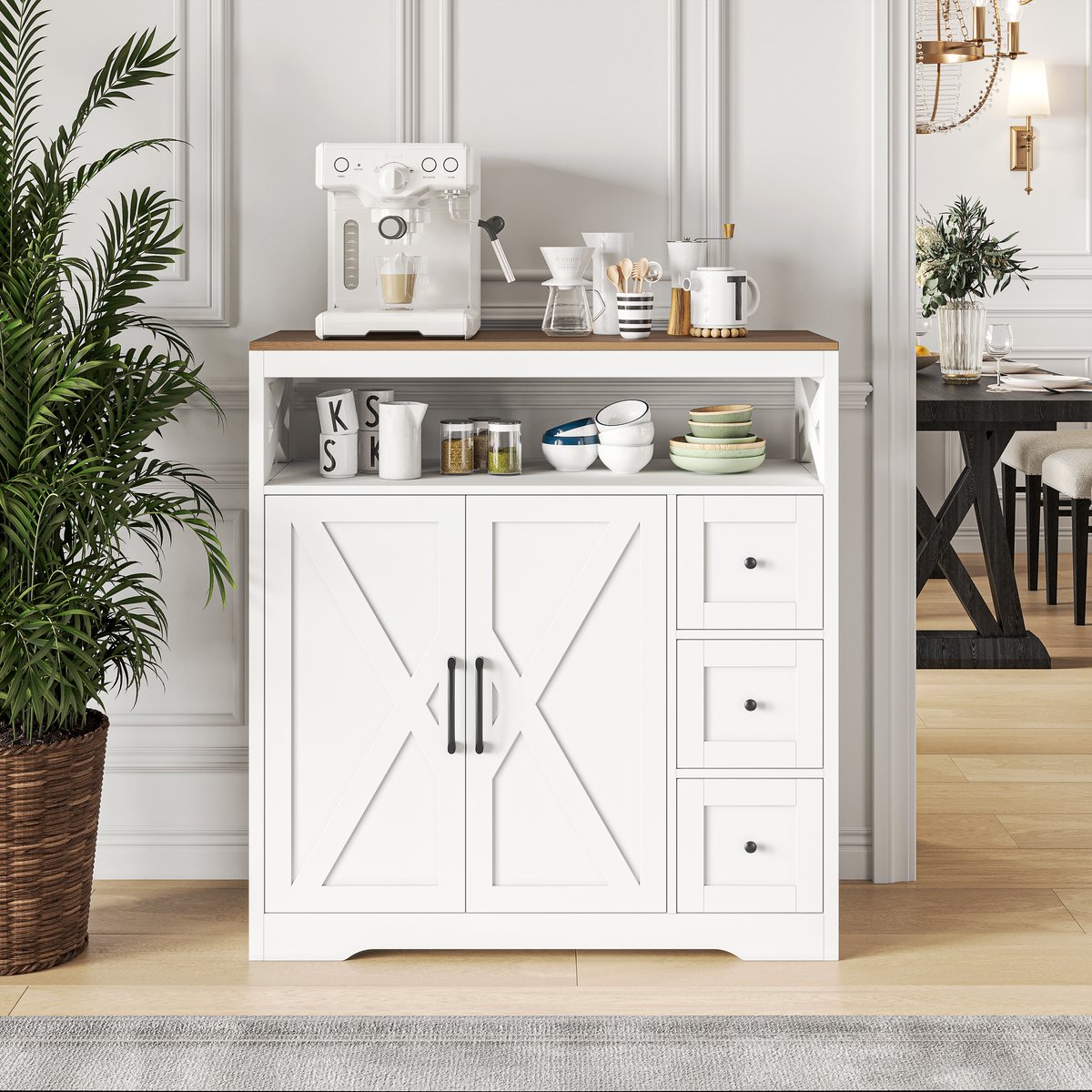 Modern Landelijk Sideboard met Houten Bovenblad – Opbergkast met Lades en Open Vak
