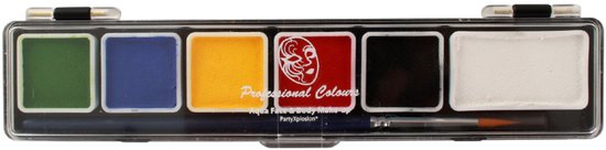 Palette avec six couleurs de peinture à l'eau : vert, bleu, jaune, rouge, noir et blanc, avec pinceau.