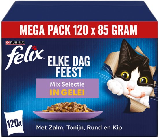Felix Elke Dag Feest in Gelei Mix Selectie - Kattenvoer Natvoer - Tonijn Zalm Rund & Kip - 44 x 85 g