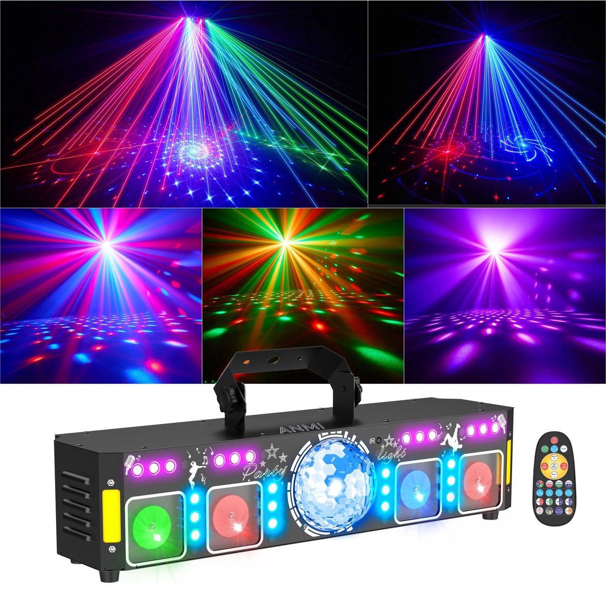 ANMI® 7-in-1 Discolamp - UV Blacklight & RGB Laser - DMX LED Feestverlichting met Afstandsbediening - Discobal - Stroboscoop Disco Lichteffecten - Discolamp kinderen - DJ set - Voor Sinterklaas - Kerst - Koningsdag - Valentijn - Pasen