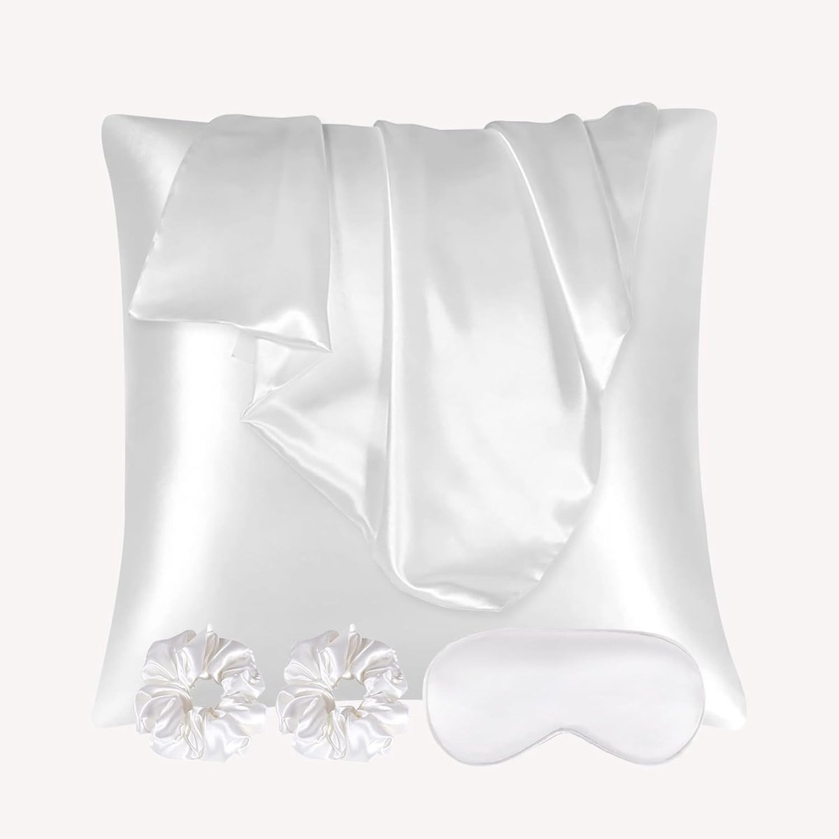 Famanu - Satijnen kussenslopen 65x65 cm wit set 2, zijdeachtig voor haar, inclusief 2 haarelastiekjes en oogmasker, glad en anti-frizz