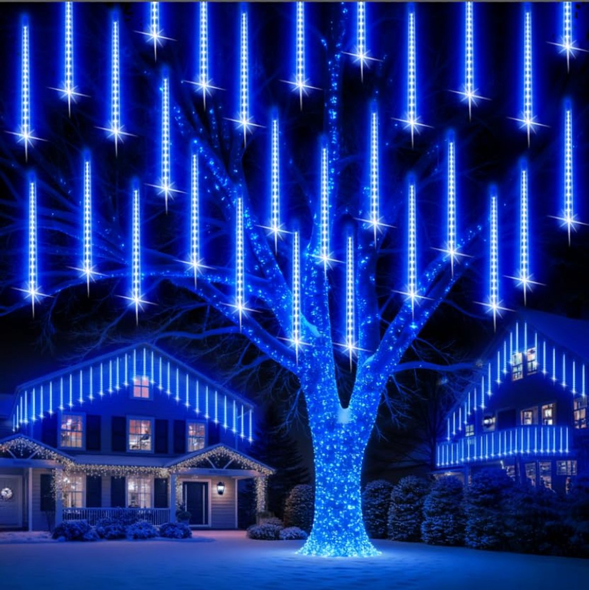 Rosnek LED Kerstverlichting Meteoorregen - 8 Buizen van 30cm - 192 LEDs - 2.5 M - Vallende Sterren Effect - Blauw - Koppelbaar - Verlichting voor Buiten en Kerstversiering