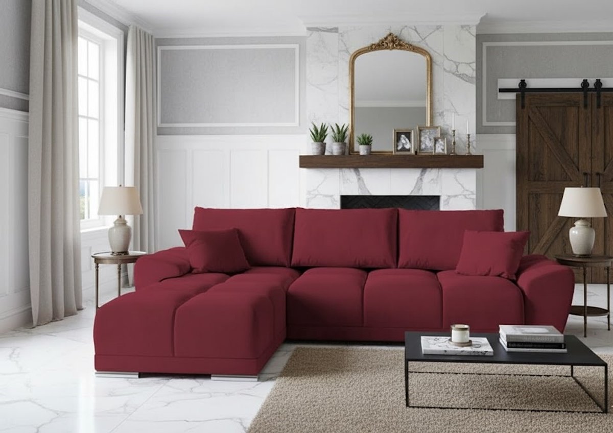 L-vormige Fluwelen Hoekbank met Slaapfunctie & Opbergruimte 289x189 cm – Luxe Uittrekbare Slaapbank met CollFeel Schuim, Kussens & Bedfunctie – Comfortabele Hoekbank voor 3 Personen in Kastanjebruin – Ganeey