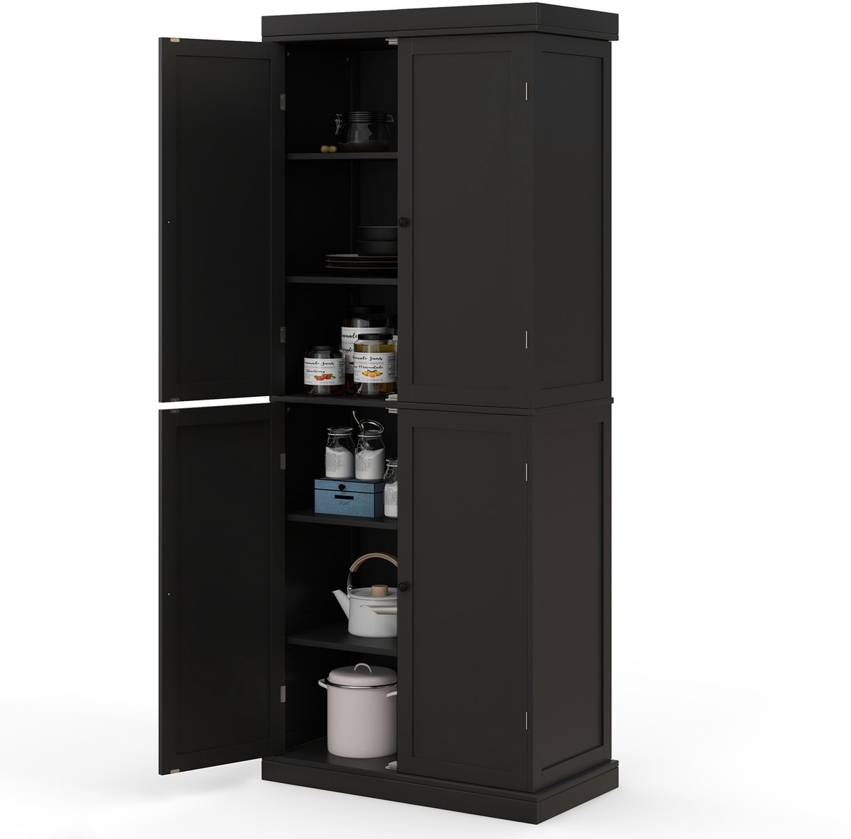 COSTWAY Hoge kast Badkamerkast Voorraadkast met 4 Deuren & 6 Vakken Keukenkast 76 x 40 x 184,5 cm Zwart