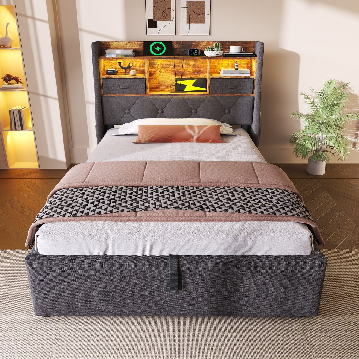 Merax Gestoffeerd bed 90x200 cm met opbergruimte en LED-verlichting - 4 oplaadpoorten (USB/Type-C) - eenpersoonsbed - grijs - zonder matras