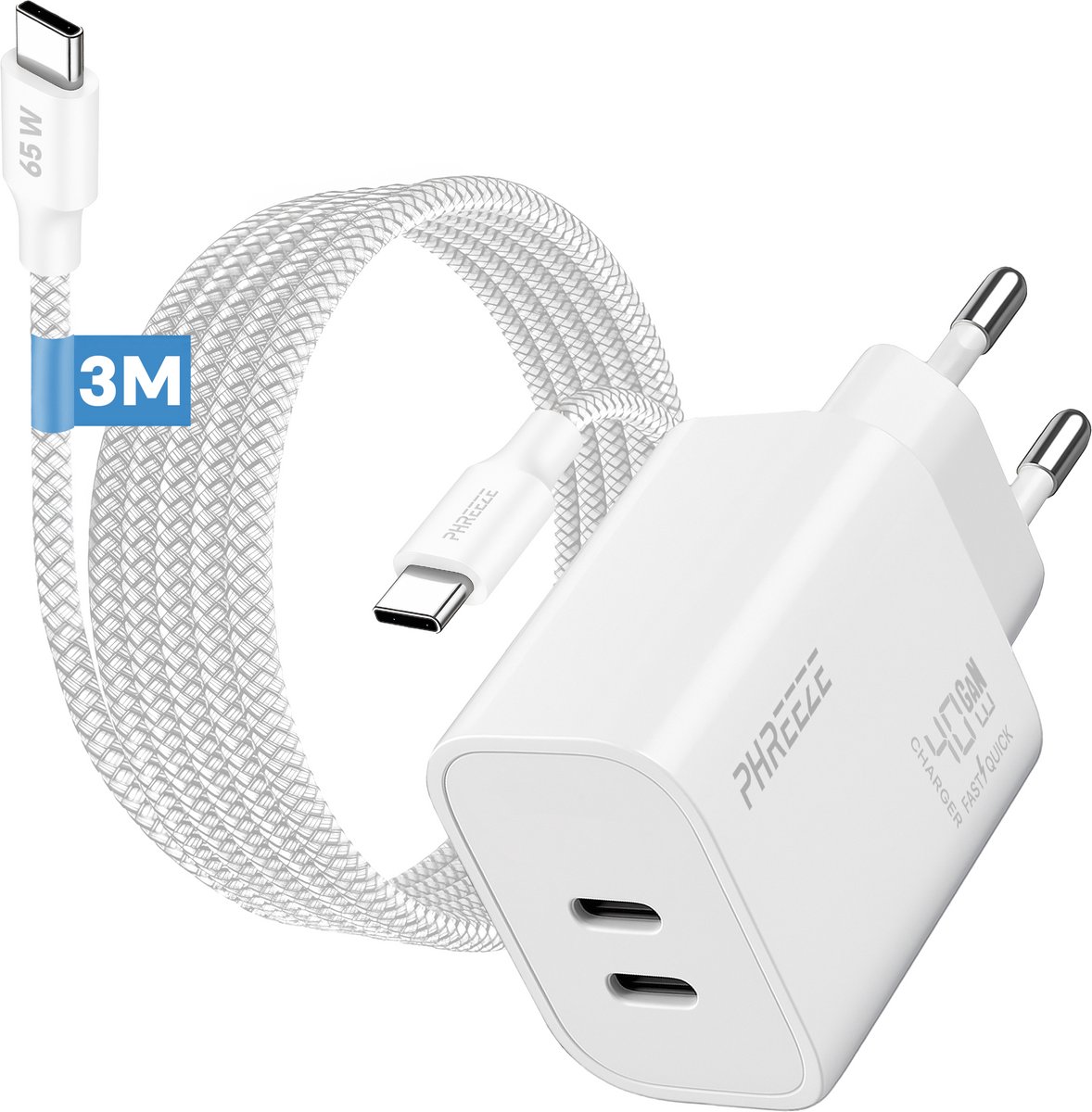 Phreeze usb C oplader 40w met kabel 3 meter - Power Delivery snellader
