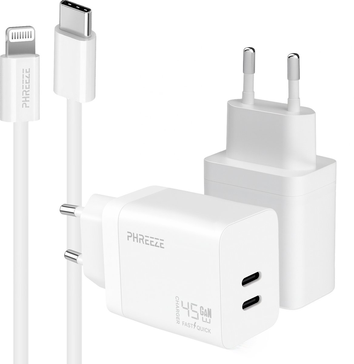 Phreeze usb C snellader geschikt voor iPhone 14 13 12 11 en iPad met Lightning kabel - Power delivery oplader 45w