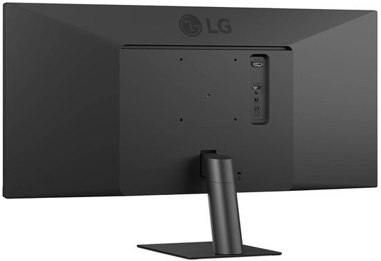 Zwarte LG Ultrawide monitor gezien van de achterkant met HDMI-poort en voedingsingang op de standaard.
