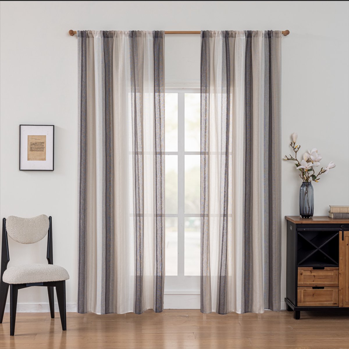Floraweg Boerderij linnen mix gordijnen met verticale strepen, Boho linnen gaasgordijnen die licht filteren voor deurramen, voor woonkamer interieur decoratie groen,grijs,150x260cm