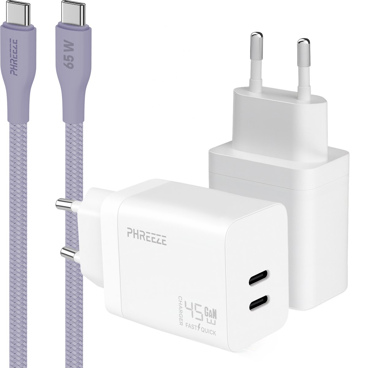 Phreeze usb C snellader 45w met usb C naar usb C kabel paars 1m - Dubbele usb C oplader - Fast charger