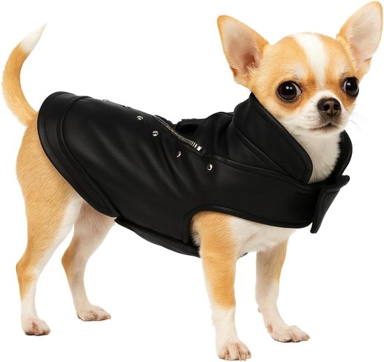 Hondenjas – Sergio Zwart 20cm – kunstlederen jas met fleecevoering & klittenbandsluiting – spatwaterdicht en wasbaar