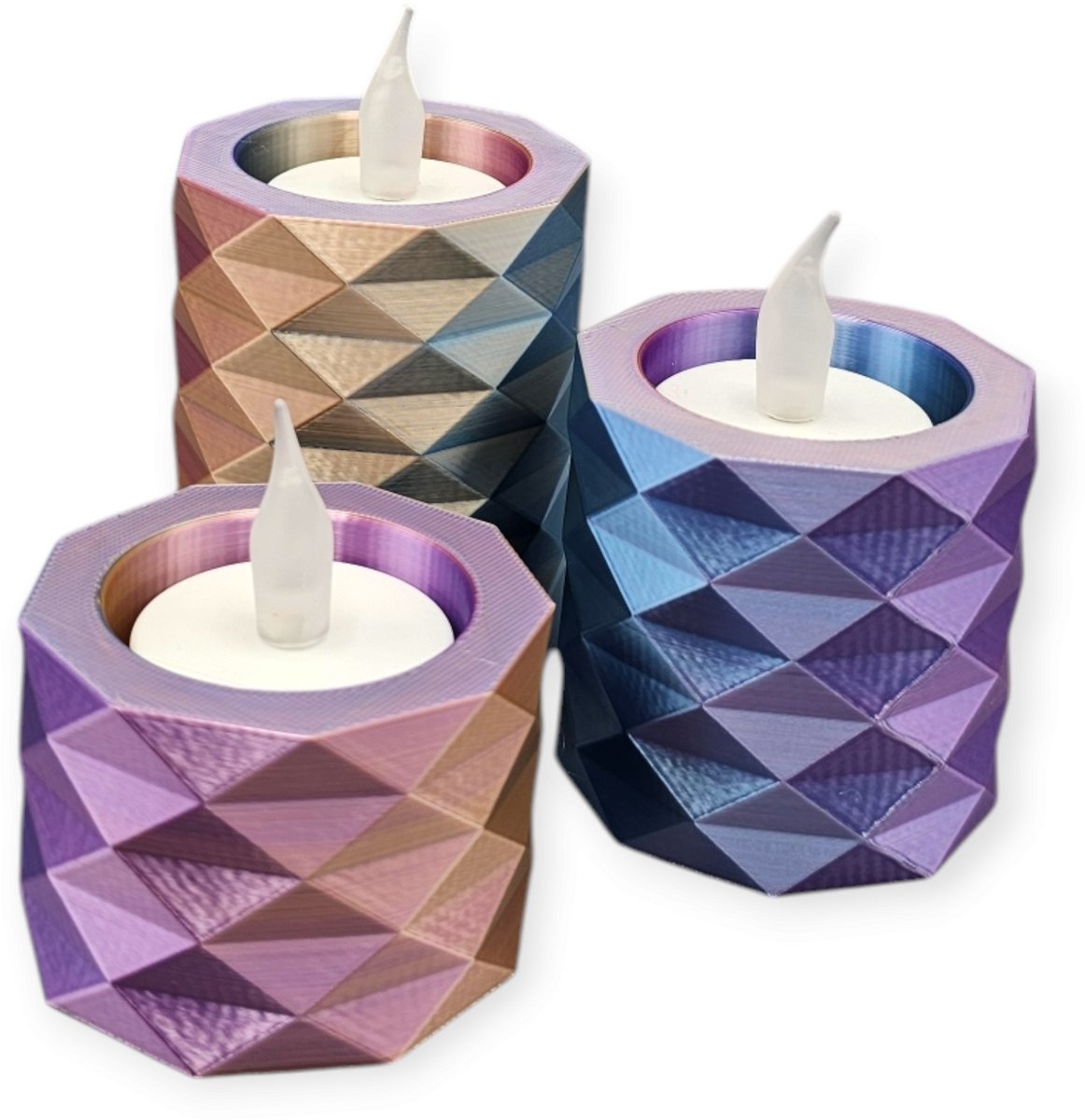 Layerzz - 3D-geprinte waxinelichthouders met LED lichtjes – moderne sfeerverlichting (niet geschikt tegen hitte) - set van 3 - meerkleurig Moonlight (LIMITED EDITION)