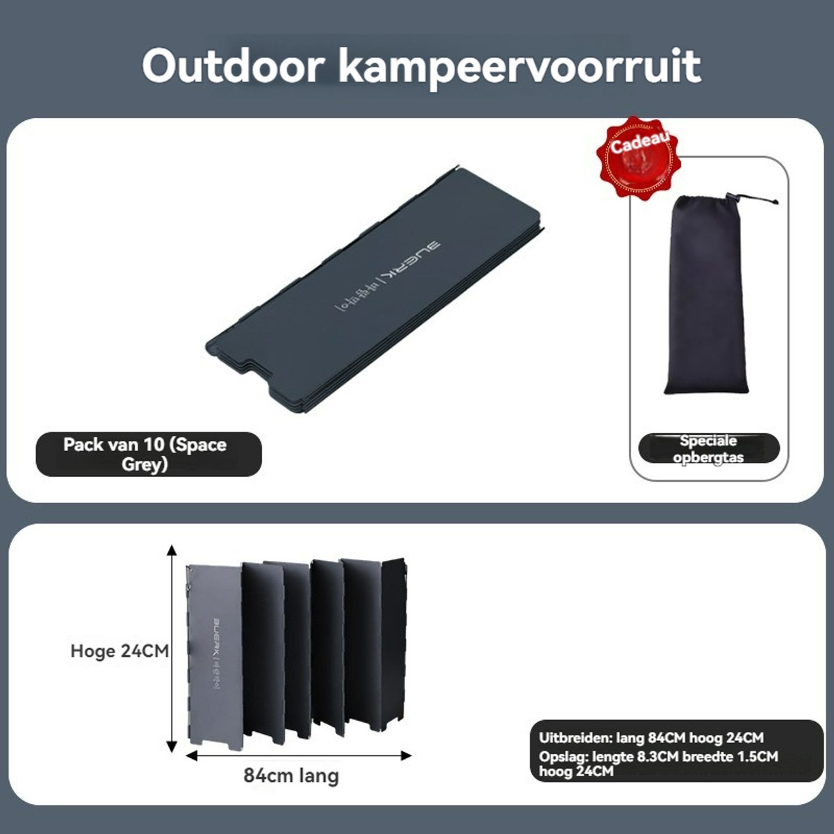 Windvrij Kookscherm - 84x24cm - 10delig - Anti-spatscherm - Vlambeveiligers - Campingscherm - Gasbrandschild - Warmtebeheerscherm - Buitenkeuken - Campingaccessoires