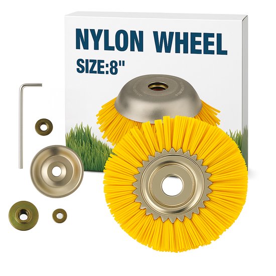 Gele nylon onkruidborstel maat 8" met metalen middenstuk en accessoires, in doos.