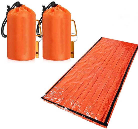 OIMG 2 stuks Noodslaapzak - Survival Slaapzak - Nooddeken - Emergency Sleeping Bag - Bivakzak - Draagbaar - Outdoor slaapzak - Waterdichte Overlevingsdeken - met Noodfluit & Opbergtas - Geschikt voor wandelen, noodgevallen