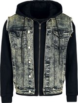 Zwarte hoodie met distressed denim gilet, ritssluiting en capuchon.