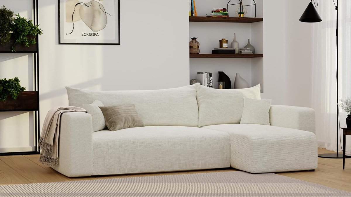 Hoekbank Converteerbaar 3-Zitsbank Beige met Opbergruimte & Slaapfunctie – Uitklapbare Hoekbank 200x125 cm – Links of Rechts Plaatsbaar, Modern Design, Stevig Houten Frame – Ganeey