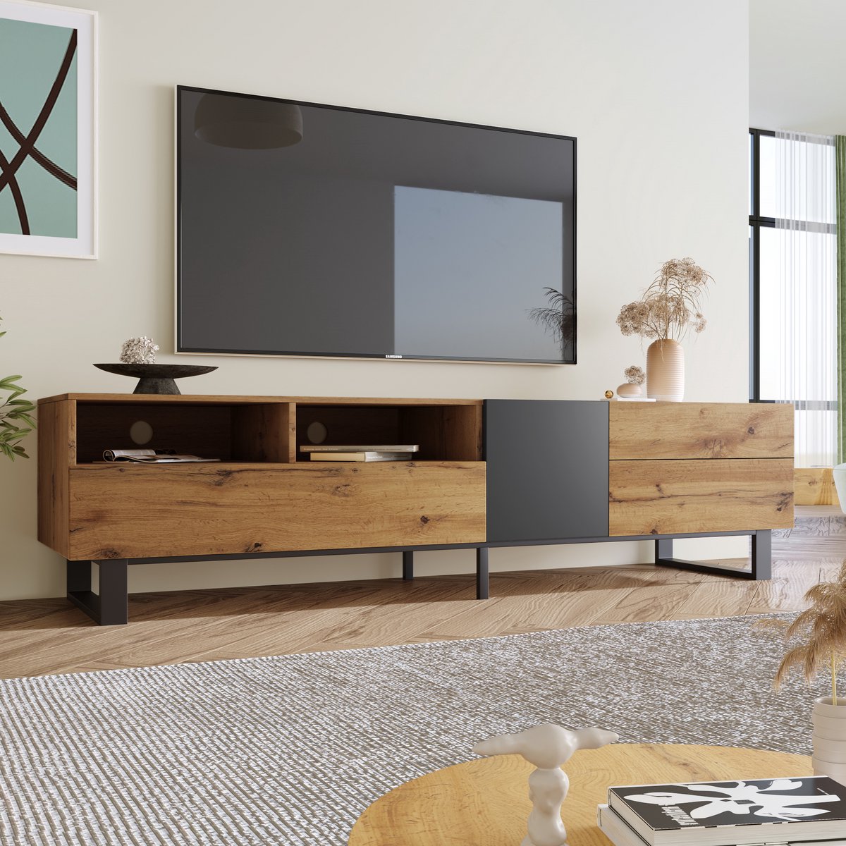 STILVORA TV-kasten 180x38x50 cm - TV meubel Met 2 Schubladen - Praktisch En Modern - Rechthoekig - Industrieel - MDF - Bruin