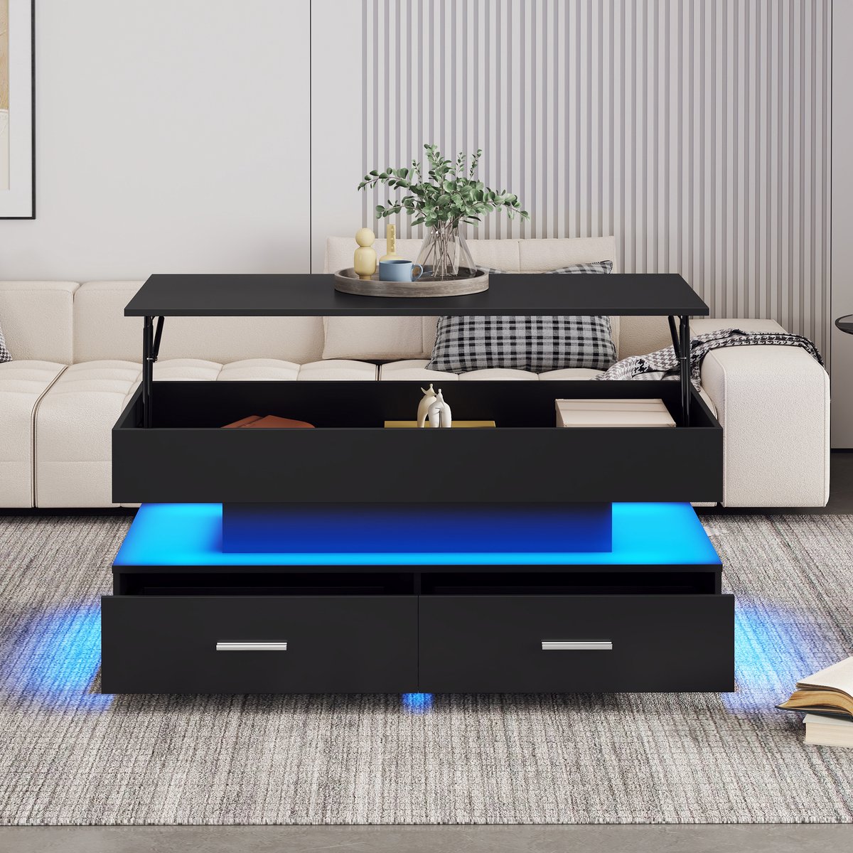 MODFU Zwarte salontafel 100x50x44 cm met LED-verlichting, hydraulisch hefblad, Bluetooth app-bediening, 2 lades en open vak