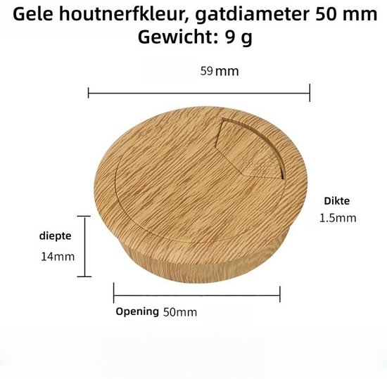 Ronde, lichtbruine bureaublad kabeldoorvoer met houtnerfpatroon, 59 mm breed, 14 mm diep, 50 mm opening.