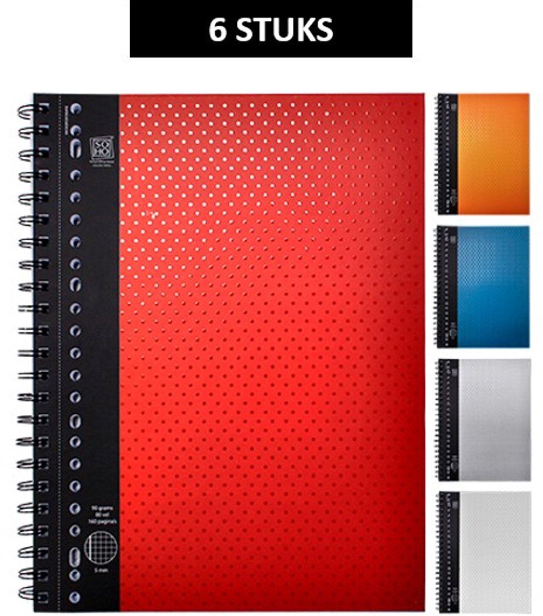 SOHO Collegeblok – Collegeblok – Ruitjespapier – Ruitjes – 5 mm ruit – Voorzien van kantlijn – Micro–perforatie – 23 rings – 160 pagina’s – A4 formaat – 5 assorti kleuren - 6 Stuks
