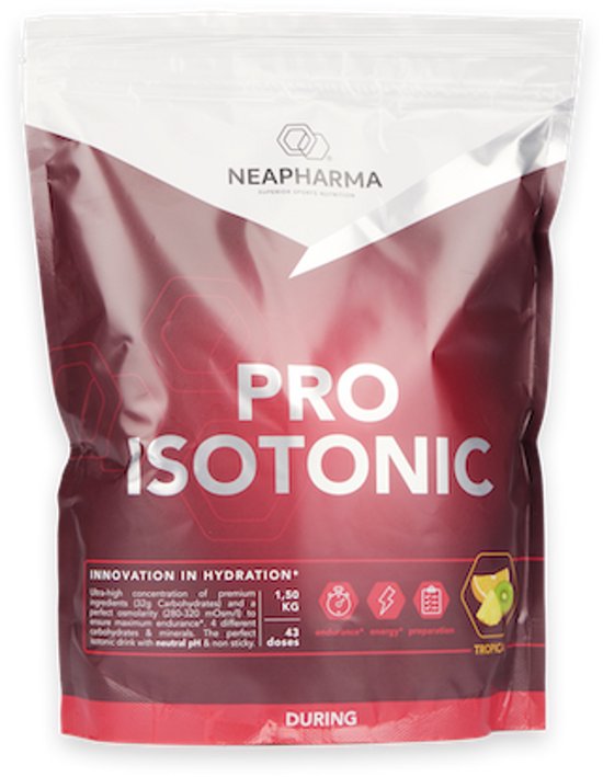 Een 1,5kg zak Neapharma Pro Isotonic met een rood, wit en donkerrode opdruk. De tekst 'PRO ISOTONIC' staat groot op de voorkant.